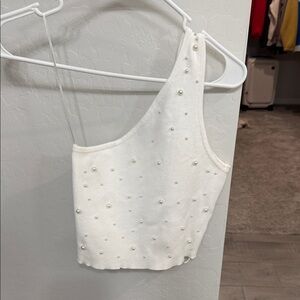 White Pearl-Embellished One-Shoulder Crop Top medium